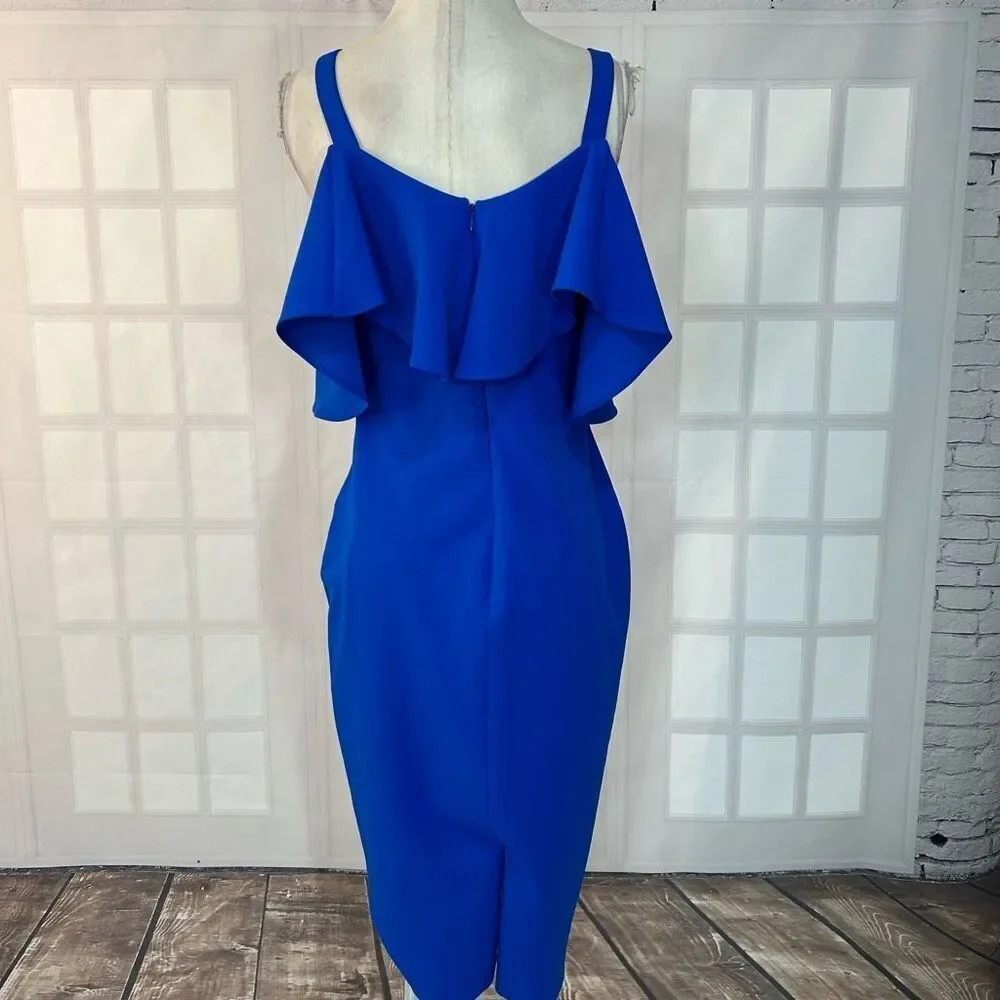 Rachel Roy Cold Shoulder blue flounce pencil Dress Size Large